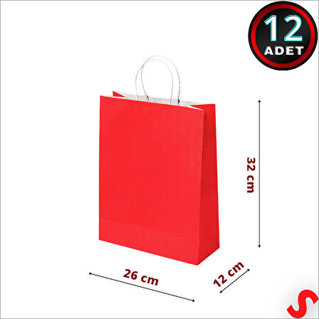 Büküm Saplı Kraft Çanta 32 x 26 x 12 cm, Kırmızı - 12 Adet