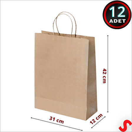 Büküm Saplı Kraft Çanta 42 x 31 x 12 cm, Natürel - 12 Adet