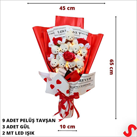 9 Beyaz Pelüş Tavşanlı Led Işıklı Kırmızı Buket, 65cm x 45cm