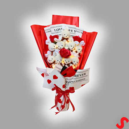 9 Beyaz Pelüş Tavşanlı Led Işıklı Kırmızı Buket, 65cm x 45cm