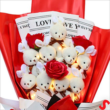 9 Beyaz Pelüş Tavşanlı Led Işıklı Kırmızı Buket, 65cm x 45cm