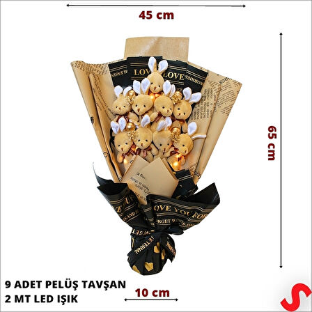 9 Kahve Pelüş Tavşanlı Led Işıklı Buket, 65cm x 45cm