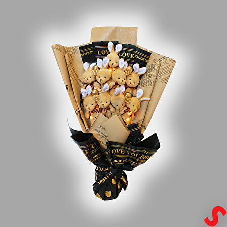 9 Kahve Pelüş Tavşanlı Led Işıklı Buket, 65cm x 45cm