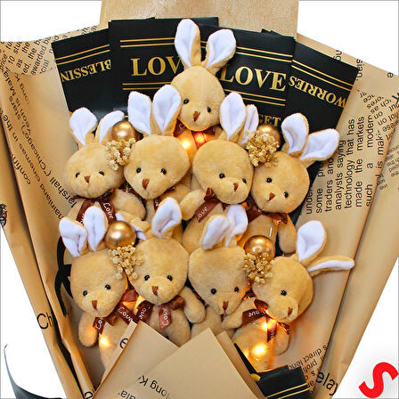 9 Kahve Pelüş Tavşanlı Led Işıklı Buket, 65cm x 45cm