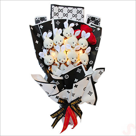 9 Beyaz Pelüş Tavşanlı Led Işıklı Siyah Buket, 65cm x 45cm