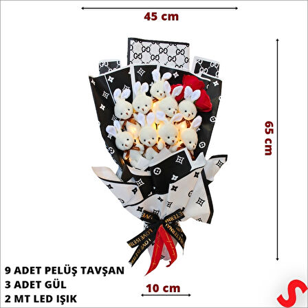 9 Beyaz Pelüş Tavşanlı Led Işıklı Siyah Buket, 65cm x 45cm