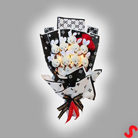 9 Beyaz Pelüş Tavşanlı Led Işıklı Siyah Buket, 65cm x 45cm