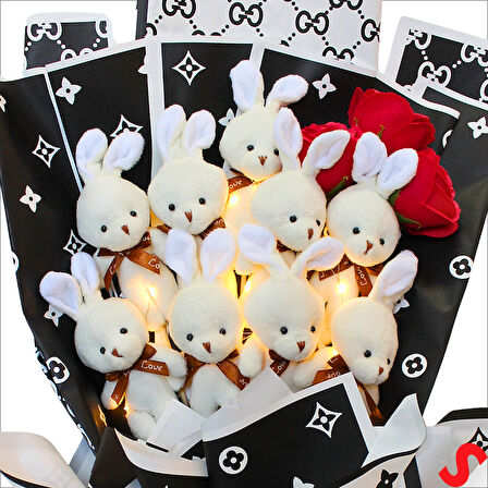 9 Beyaz Pelüş Tavşanlı Led Işıklı Siyah Buket, 65cm x 45cm