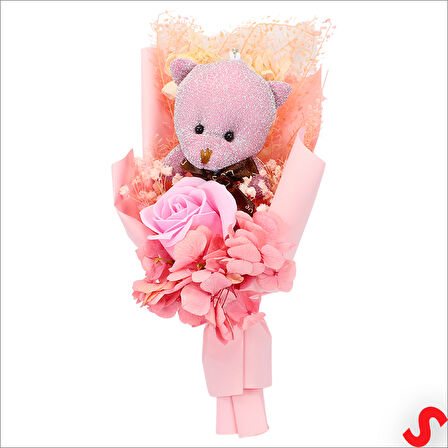 PVC Kutulu,Pelüş Ayıcık ve Pembe Güllü Kuru Çiçek Buketi 26cmx11cm
