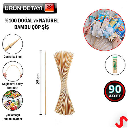 Bambu Çöp Şiş, Kurabiye Çubuğu, 25 cm x 90 Adet