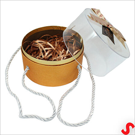 Pleksi Kapaklı Fiyonklu ve Dolgulu Karton Kutu, 20cm - Altın