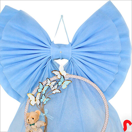 Kasnaklı Tül Fiyonk ve Ayıcıklı 70cm x 55cm Kapı Süsü - Mavi