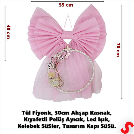 Kasnaklı Tül Fiyonk ve Ayıcıklı 70cm x 55cm Kapı Süsü - Pembe