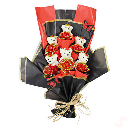 Sonsuzluk Güllü ve Strafor Ayıcıklı Buket, 60cm x 40cm - Kırmızı