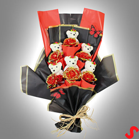 Sonsuzluk Güllü ve Strafor Ayıcıklı Buket, 60cm x 40cm - Kırmızı