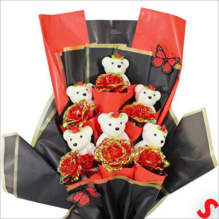 Sonsuzluk Güllü ve Strafor Ayıcıklı Buket, 60cm x 40cm - Kırmızı