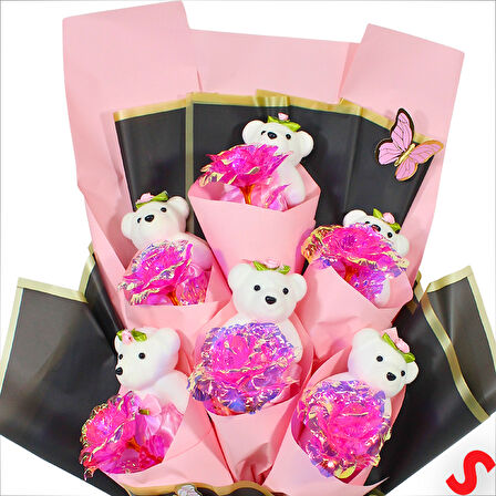 Sonsuzluk Güllü ve Strafor Ayıcıklı Buket, 60cm x 40cm - Pembe