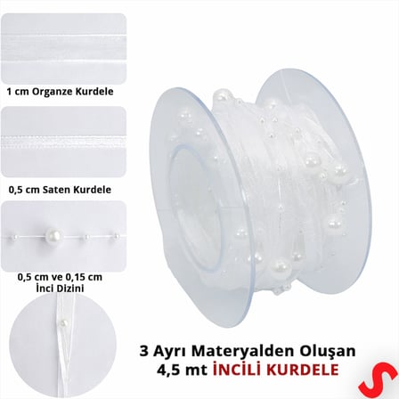 İncili ve Satenli Organze Kurdele, 4 cm x 4,57 mt - Beyaz