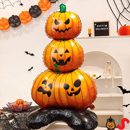 Halloween Ayaklı ve 3 Katlı Balkabağı Folyo Balon, 109cm x 61cm