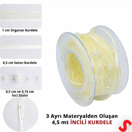 İncili ve Satenli Organze Kurdele, 4 cm x 4,57 mt - Krem