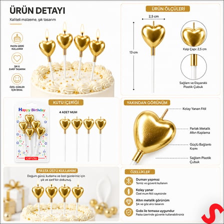 Çubuklu Metalik Altın Kalp Mum - 13 cm x 4 Adet