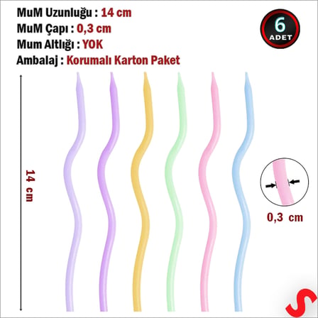 Makaron Renkli Spiral İnce Pasta Mumu 14 cm  - 6 Adet