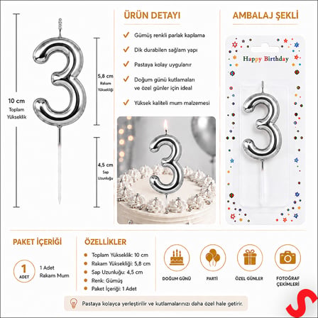 3 Rakam Mum Gümüş - 10 cm
