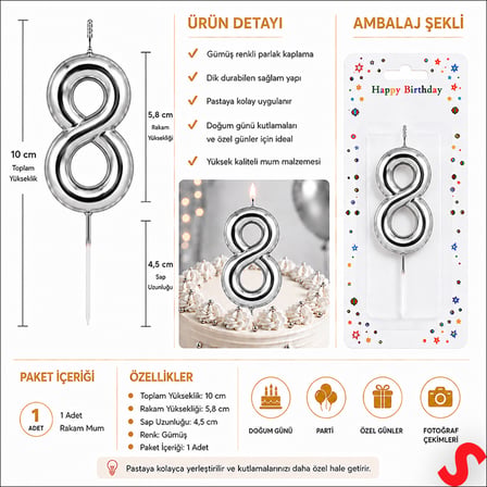 8 Rakam Mum Gümüş - 10 cm
