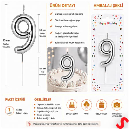 9 Rakam Mum Gümüş - 10 cm