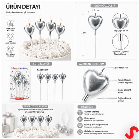 Çubuklu Metalik Gümüş Kalp Mum - 13 cm x 4 Adet