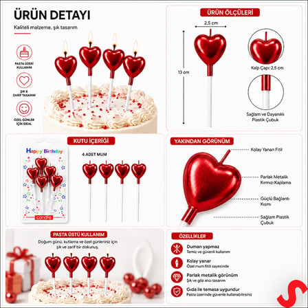 Çubuklu Metalik Kırmızı Kalp Mum - 13 cm x 4 Adet