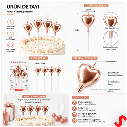Çubuklu Metalik Rose Gold Kalp Mum - 13 cm x 4 Adet