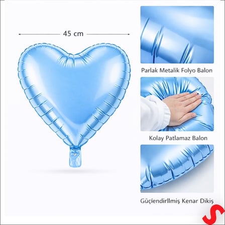 Kalp Folyo Balon, 45 cm - Mavi