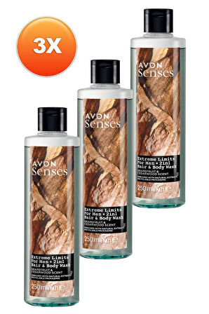 Avon Senses Extreme Limits Greyfurt ve Sandal Kokulu Saç ve Vücut için Erkek Duş Jeli 250 Ml. Üçlü Set