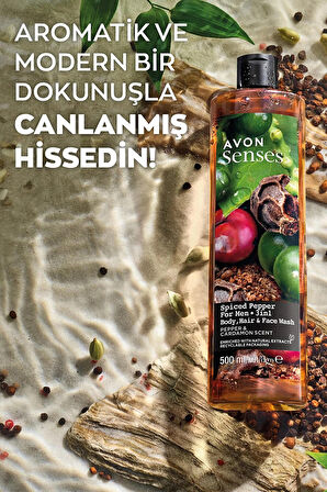 Avon Senses Spiced Pepper Karabiber ve Kakule Kokulu Erkekler için Duş Jeli 500 Ml. Üçlü Set