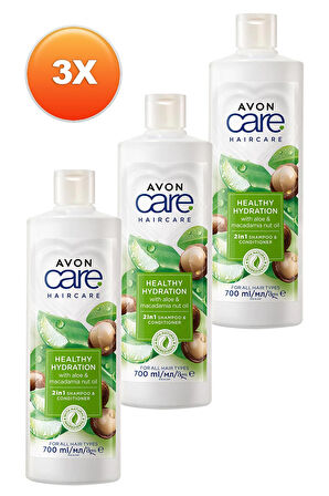 Avon Care Aloe Vera ve Makademya Fındığı Yağı Şampuan ve Saç Bakım Kremi 700 Ml. Üçlü Set