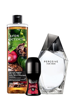 Avon Perceive Erkek Parfüm, OnDuty Max Protection Erkek Rollon ve Karabiber ve Kakule Kokulu Duş Jeli Paketi