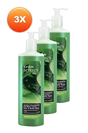 Avon Senses Jungle Rainburst Adaçayı ve Sandal Ağacı Kokulu Erkek Saç ve Vücut Şampuanı 720 Ml. Üçlü Set