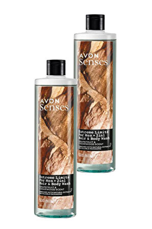 Avon Senses Extreme Limits Greyfurt ve Sandal Kokulu Saç ve Vücut için Erkek Duş Jeli 500 Ml. İkili Set