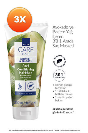Care Avokado ve Badem Yağı İçeren 3’ü 1 Arada Saç Maskesi 200ml Üçlü Paket