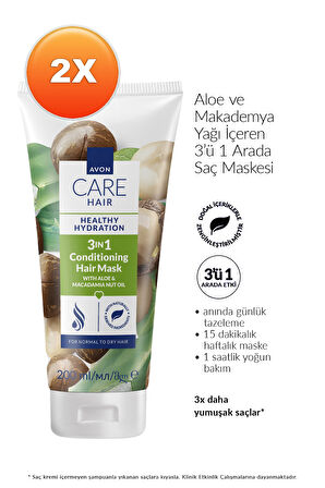 Care Aloe ve Makademya Yağı İçeren 3’ü 1 Arada Saç Maskesi 200ml İkili Paket