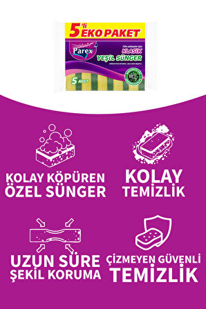 Klasik Yeşil Sünger Düz 5'li Paket İkili Set