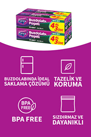 Buzdolabı Poşeti Orta Boy 4 Al 3 Öde (4*20) 24 x 38 cm İkili Set