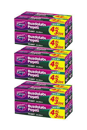 Buzdolabı Poşeti Orta Boy 4 Al 3 Öde (4*20) 24 x 38 cm Üçlü Set