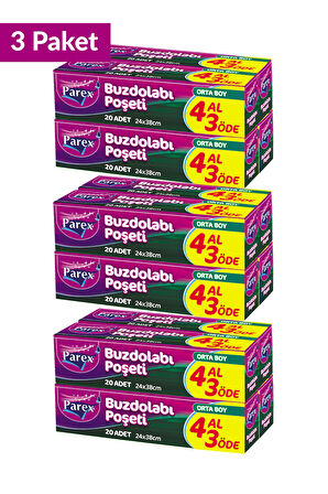 Buzdolabı Poşeti Orta Boy 4 Al 3 Öde (4*20) 24 x 38 cm Üçlü Set