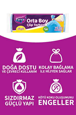 Güçlü Çöp Torbası Orta Boy 15'li 55 x 60 cm Üçlü Set