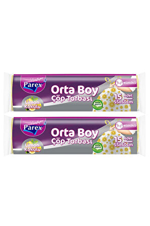 Premium Büzgülü Çöp Torbası Limon Kokulu 15'li Orta Boy 55 x 60 cm İkili Paket