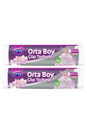 Büzgülü Çöp Torbası Kiraz Çiçeği Kokulu 15'li Orta Boy 55 x 60 cm İkili Paket
