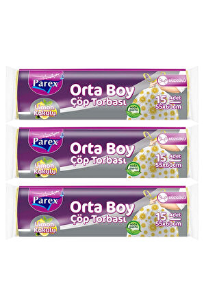 Premium Büzgülü Çöp Torbası Limon Kokulu 15'li Orta Boy 55 x 60 cm Üçlü Paket