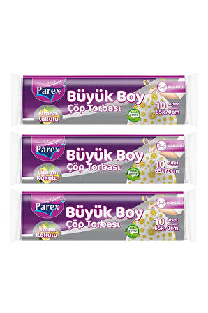 Premium 10'lu Büzgülü Çöp Torbası Limon Kokulu Büyük Boy 65 x 70 cm Üçlü Paket